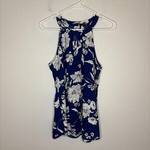 PAPERMOON Floral Halter Top Womens M Navy White Keyhole Flowy Polyester